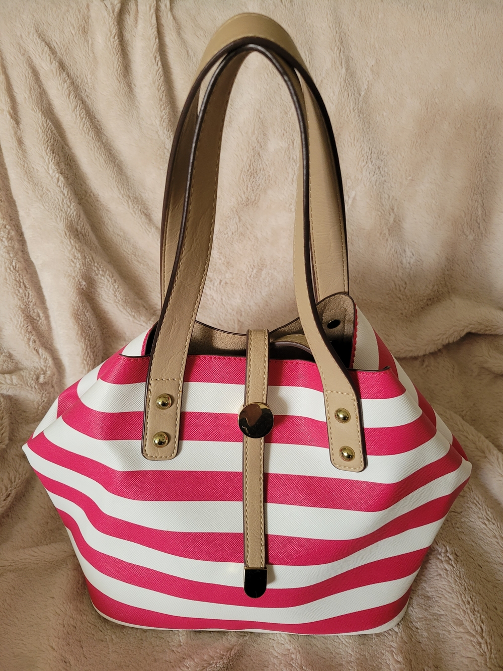Charming Charlie Hot Pink & White Striped Bucket Tote Bag with Crossbody Strap